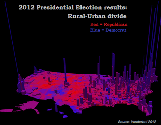 Electoral map 2012 pres election, 3D cities and rural red and blue, Vanderbei.png